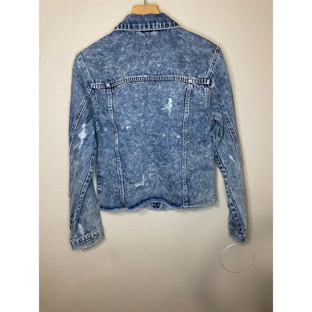 VERVET Women’s Classic Cropped Fit Distressed Cotton Denim Jacket Grunge Punk XS